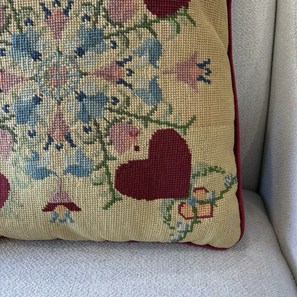 VTG Handmade Needlepoint Pillow Folk Art Floral Hearts Cottage Scandi 15X15 80s